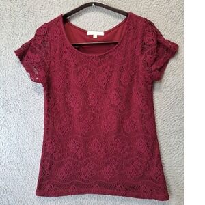 G Collection Blouse Top Womens‎ Large Red Floral Sheer Short Sleeve Round Neck